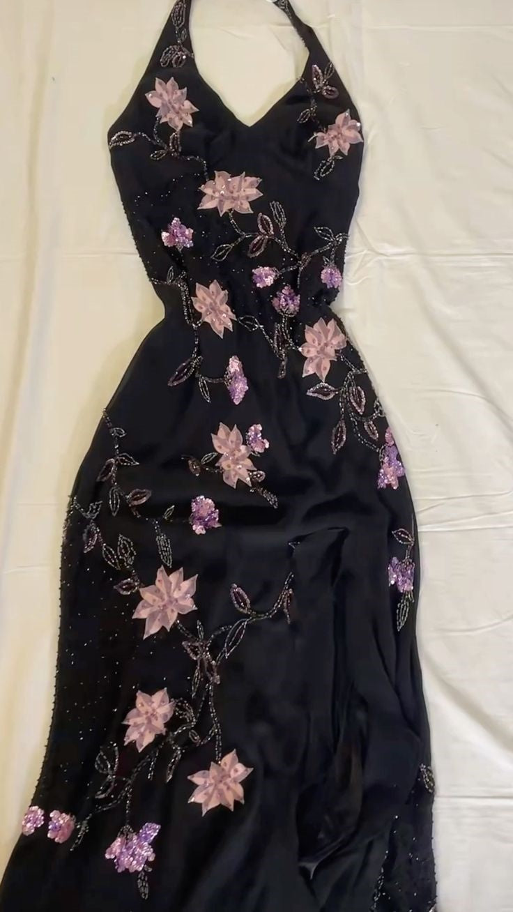 Black gorgeous shiny exquisite beaded purple floral long halter elegant satin ball gown evening dress party dress gh3176