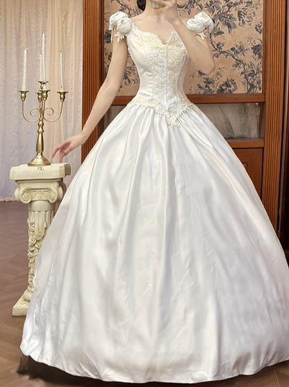White Vintage Satin Ball Gown Wedding Prom Dress, V‑Neck Sleeveless With 3D Fabric Roses, Floral Lace Appliqués, Voluminous Satin Skirt gh8715