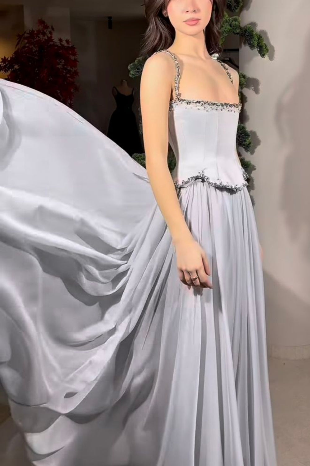 girlhomeshops-Grau elegante exquisite Perlen Retro elegante lange Ballkleid Brautjungfer Kleid gh5759