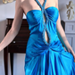 Bright‑Lake‑Blue‑Vintage‑Gown Rhinestone‑Criss‑Cross‑Halter Keyhole‑Bust‑Cutout Twisted‑Gathered‑Waist High‑Low‑Ruffled‑Hem Shiny‑Satin‑Fabric Flowy‑Evening‑Prom‑Dress gh8838