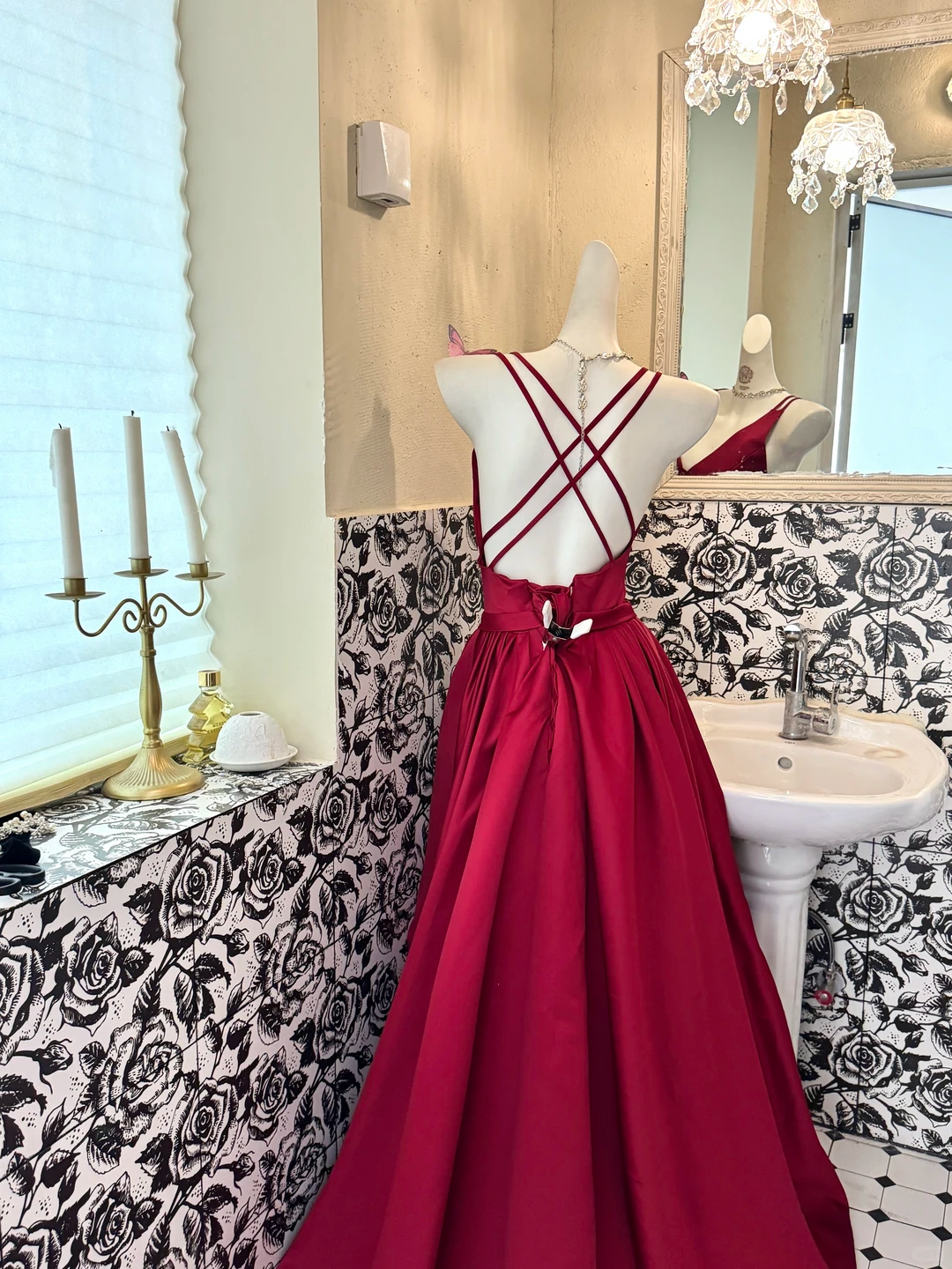 Red Spaghetti Strap Satin Waist-Cinched Sexy Long Romantic Dress, Wedding Gown gh7540