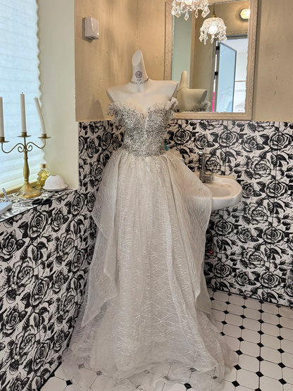 Ivory Strapless Waist-Cinched Gown with Silver Embellishments, Full Flared Long Vintage Romantic Dress, Wedding Gown gh7563