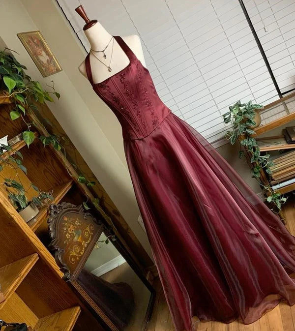 Burgunderrotes, elegantes, glänzendes, mit Perlen besetztes, langes Tüll-Ballkleid, Abendkleid, Partykleid gh3457