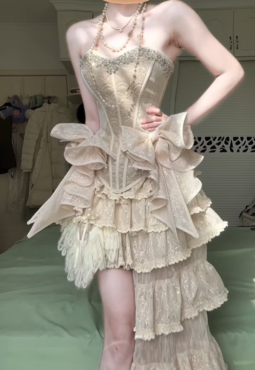 Light Apricot Strapless Corset Evening Gown, Beaded Lace Asymmetrical High‑Low Ruffled Prom Dress gh9040