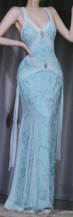 ✨Girlhomeshops-Light Lake Blue Floral Beaded Wide Strap Mermaid Prom Dress With Long Sashes gh10033