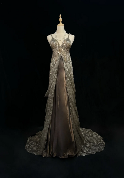 ✨Girlhomeshops-Coffee Spaghetti Strap Beaded Mermaid Gown Floral Sheer Mesh Overlay gh10151
