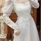 White Vintage Tulle Wedding Prom Dress, Square Neck Puff Sheer Lace Sleeves, Lace Appliqués, Multi‑Tier Ruffle Long Train gh8717