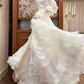 Ivory Vintage Tulle Wedding Gown, V‑Neck Lace Trim Collar, Puff Long Sleeves With Lace Cuffs, Wide Lace Belt Fitted Waist, Lace Trim Panel Skirt, Multi‑Tier Ruffle Cake Long Train, Prom & Wedding Dress gh8672