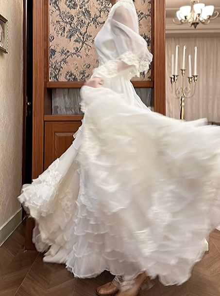 Ivory Vintage Tulle Wedding Gown, V‑Neck Lace Trim Collar, Puff Long Sleeves With Lace Cuffs, Wide Lace Belt Fitted Waist, Lace Trim Panel Skirt, Multi‑Tier Ruffle Cake Long Train, Prom & Wedding Dress gh8672