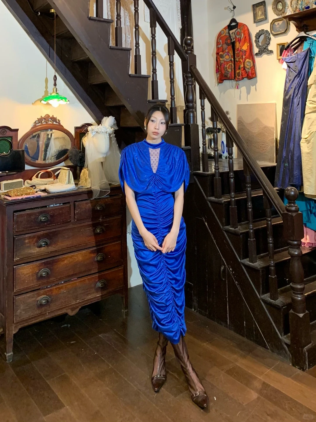 High Neck Royal Blue Ruched Midi Evening Dress, Cape Sleeve Dotted Mesh Cutout Vintage Formal Gown gh9878