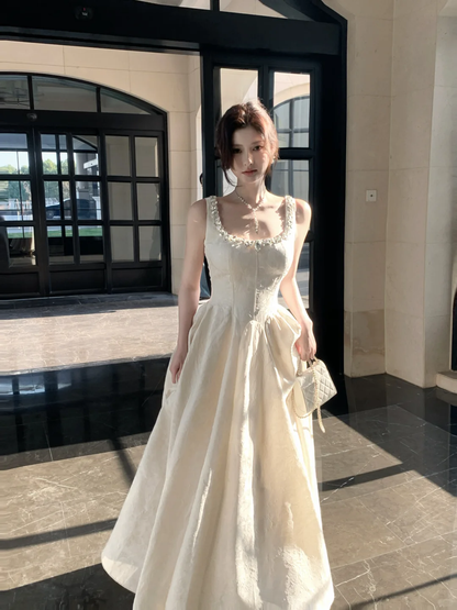 White Spaghetti Straps Waist-Cinched Elegant Full Skirt Evening Dress, Fairy Gown, Romantic Gown gh7376