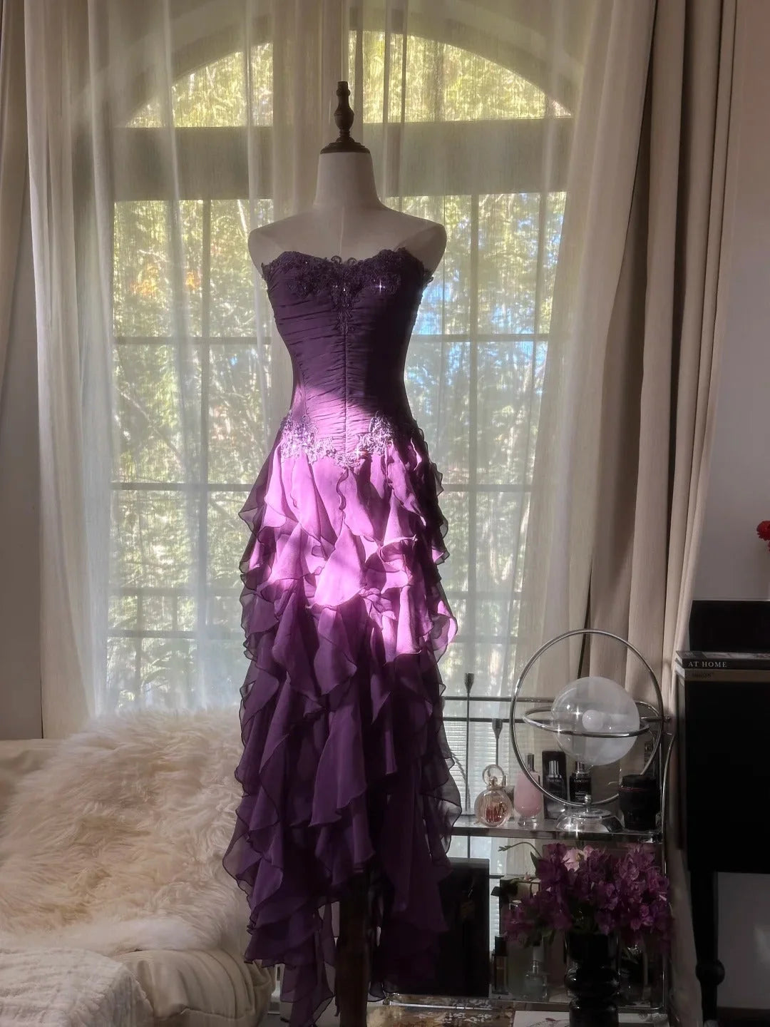 Robe de soirée longue et élégante en mousseline de soie, à volants, violette, romantique, sans manches, pour fête d'anniversaire, gh4270