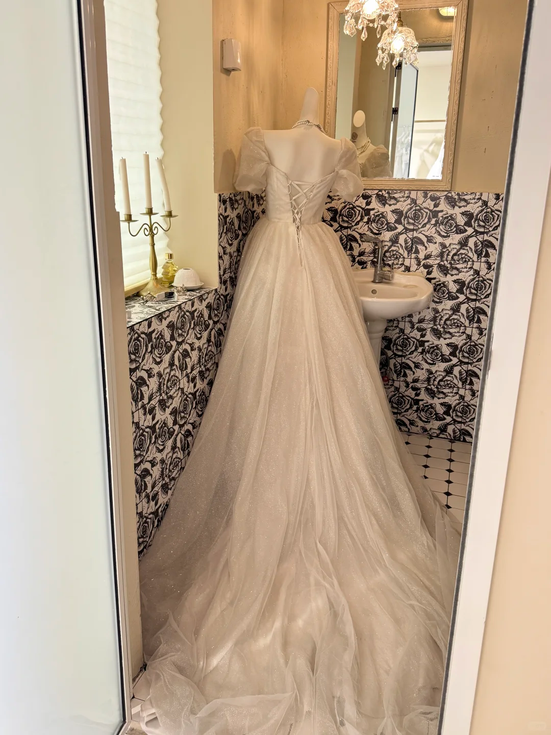 Ivory Square Neck Puff Sleeve Waist-Cinched Full Flared Romantic Dress, Wedding Gown gh7523