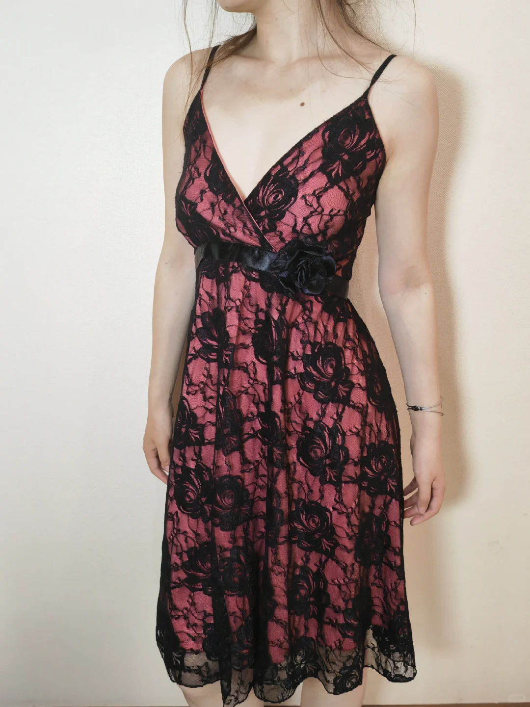 Pink Base Sexy Vintage Black Lace Spaghetti Strap Fitted Waist Prom & Evening Party Dress gh8464