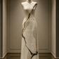 ✨Girlhomeshops-Ivory Ink Line 3D Floral Sleeveless Mermaid Qipao Cheongsam Evening Gown gh10387