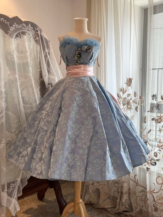 Light Blue Strapless Vintage Midi Ballgown, Floral Jacquard Party Dress gh9328