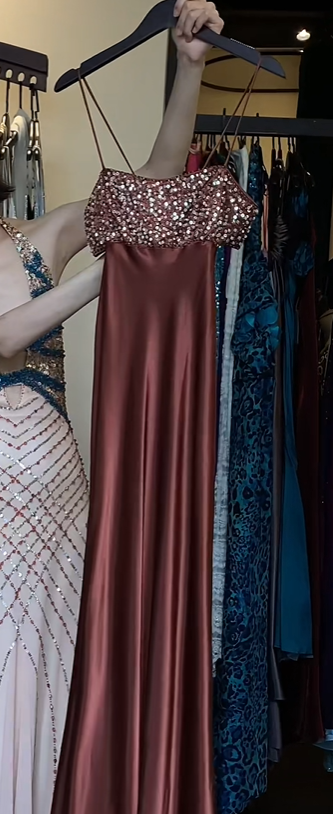 Dusty Rose Spaghetti Straps Evening Gown Hand Beaded Rhinestone Satin Straight Long Formal Prom Dress gh9752