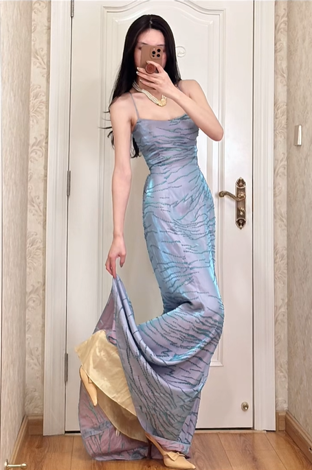 Lavender‑Purple‑Vintage‑Gown Spaghetti‑Strap Square‑Neck All‑Over‑Teal‑Hand‑Beaded‑Ripple‑Pattern Iridescent‑Taffeta‑Fabric Flowy‑A‑Line Floor‑Length‑Evening‑Prom‑Dress gh8830