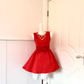Bright Red Jacquard Sleeveless Short Cocktail Dress, Round Neck Gold Floral Rhinestone Beading Big Fabric Bow A‑Line Homecoming Party Gown gh9185