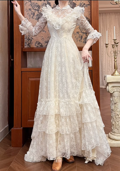 Cream Vintage All‑Lace Wedding Gown, Sheer High Neck With Ruffle Yoke, Long Lace Sleeves With Ruffle Cuffs, Pointed Waist, Multi‑Tiered Ruffle Lace Tiered Skirt, Prom Dress gh8638