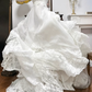 Ivory Vintage Lace Wedding Gown, Stand‑Up Collar With V‑Shape Scalloped Neckline, Long Lace Sleeves, Lace Appliqués Empire Waist, Multi‑Tier Cake‑Layer Lace Skirt With Long Train, Bridal Prom Dress gh8753