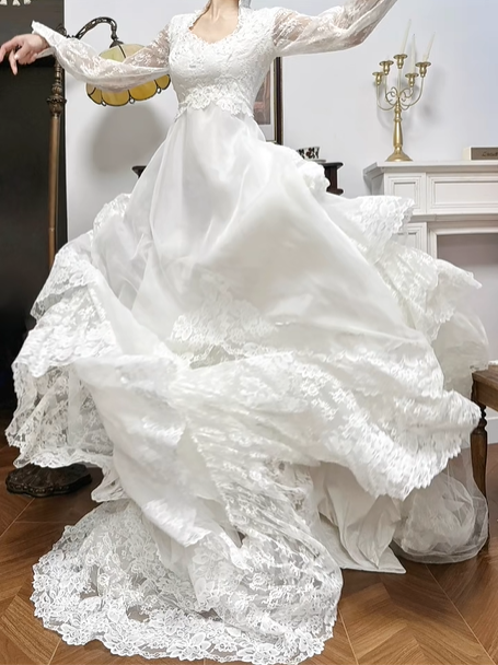 Ivory Vintage Lace Wedding Gown, Stand‑Up Collar With V‑Shape Scalloped Neckline, Long Lace Sleeves, Lace Appliqués Empire Waist, Multi‑Tier Cake‑Layer Lace Skirt With Long Train, Bridal Prom Dress gh8753