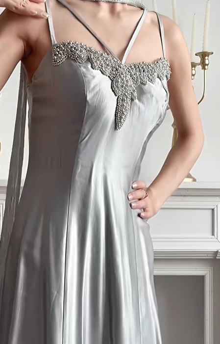 Silver‑Grey Vintage Spaghetti‑Strap Prom Gown, Exquisite Lace Applique At Bust, Lustrous Satin Fabric, Fitted Waist Draped Full A‑Line Long Skirt, Evening Prom Dress gh8811