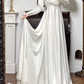 Ivory Vintage Soft Satin Wedding Gown, Lace‑Trimmed V‑Neck, Lace Inset Long Sleeves, Lace Appliqué Empire Waist, Draped Simple A‑Line Long Skirt, Lace Scalloped Hem, Short Train, Bridal Prom Dress gh8778