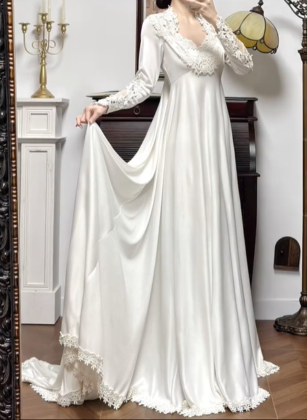 Ivory Vintage Soft Satin Wedding Gown, Lace‑Trimmed V‑Neck, Lace Inset Long Sleeves, Lace Appliqué Empire Waist, Draped Simple A‑Line Long Skirt, Lace Scalloped Hem, Short Train, Bridal Prom Dress gh8778