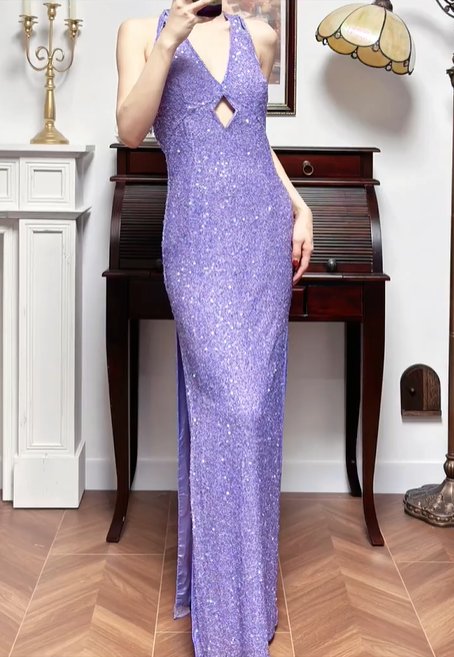 Purple Vintage Halter V‑Neck Sequin Prom Gown, Chest Cut‑Out Detail, Fitted Bodycon Floor‑Length Silhouette, High‑Slit Mermaid Evening Prom Dress gh8798