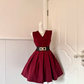 Women Burgundy Homecoming Dress, Sleeveless V‑Neck Tailored Bodice Black Wide Belt Double Metal Buckle Pleated Flared A‑Line Mini Party Dress gh9206
