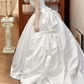 White Vintage Satin Ball Gown Wedding Prom Dress, Square Off‑the‑Shoulder Puff Sleeves, 3D Fabric Roses, Voluminous Pleated Skirt gh8708