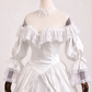 White Vintage Rococo Ball Gown, Off‑Shoulder Ruffle Neck Puff Long Sleeve Detachable Lace High Collar Multi‑Layer Lace Cake Skirt Satin Formal Dress gh9084