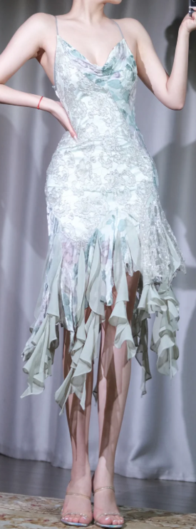 ✨Girlhomeshops-Mint Green Floral Spaghetti Strap Prom Gown with Lace Beaded Ruffle Hem gh10113