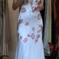 Halter Deep V White Mermaid Prom Dress Pink Rose Floral Embroidery Formal Evening Gown gh9804