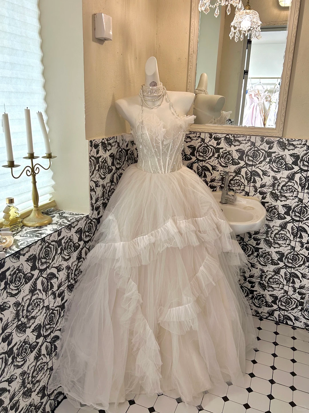Ivory Strapless Cinched Waist Voluminous Skirt Long Romantic Dress, Wedding Gown gh7796