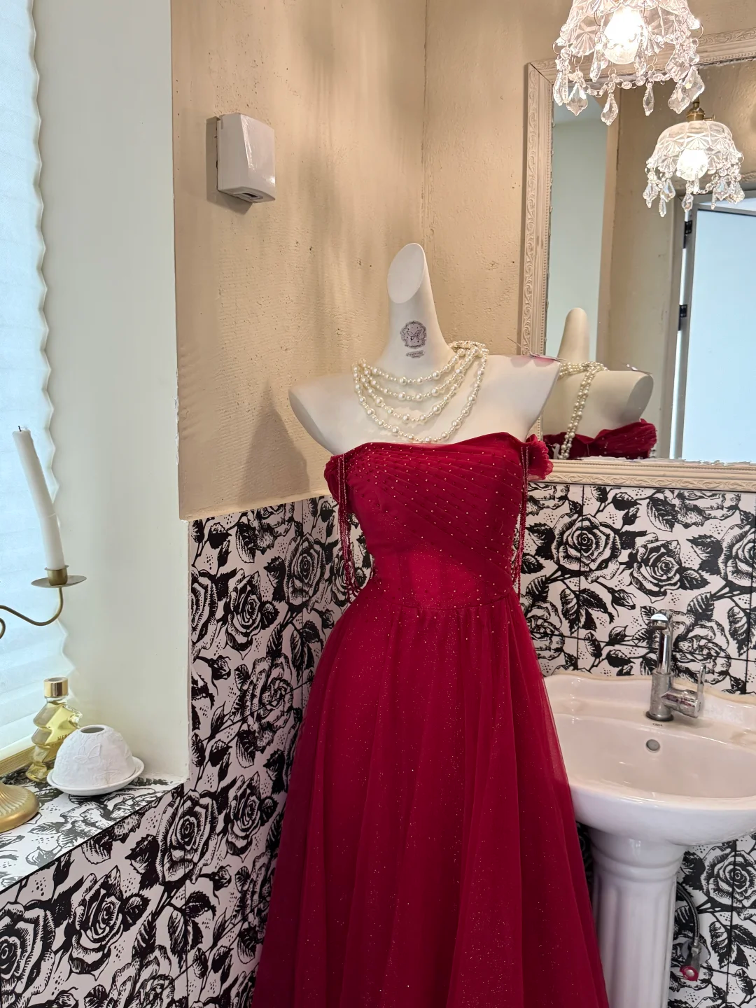 Burgundy Off-the-Shoulder Waist-Cinched Fitted Long Elegant Romantic Dress, Wedding Gown gh7565