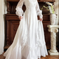 Off‑White Vintage Edwardian High Neck Lace Sheer Puff Long Sleeve High Waist Multi‑Layer Ruffle Lace Hem Long Train Prom Gown, Wedding Dress gh8623
