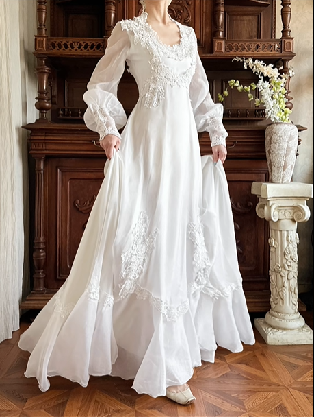 Off‑White Vintage Edwardian High Neck Lace Sheer Puff Long Sleeve High Waist Multi‑Layer Ruffle Lace Hem Long Train Prom Gown, Wedding Dress gh8623