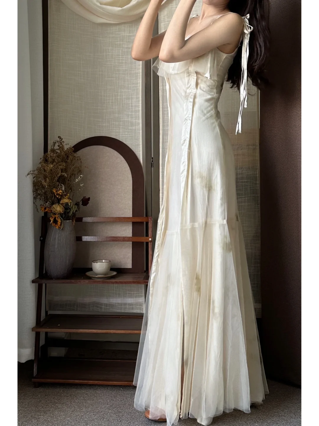 Off‑White Vintage Washed‑Tie‑Dye Slip Gown, Ruffled Overlay Square Neck, Adjustable Tie‑Up Spaghetti Straps, Side Ruched Waist, Sheer Tulle Overlay, High‑Slit Floor‑Length Skirt,  Oil‑Painting Style Photoshoot Elopement Wedding Dress gh8854