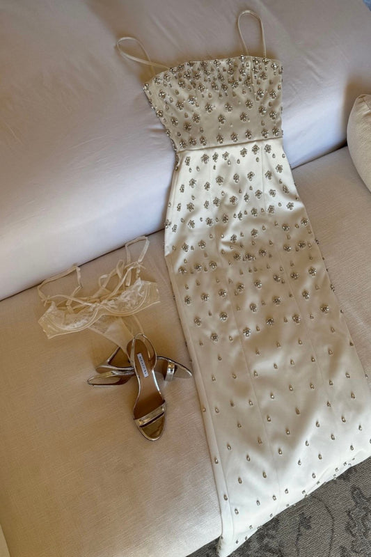 girlhomeshops-Ivory white mid-length satin exquisite beaded prom dress wedding dress evening dress gh5744