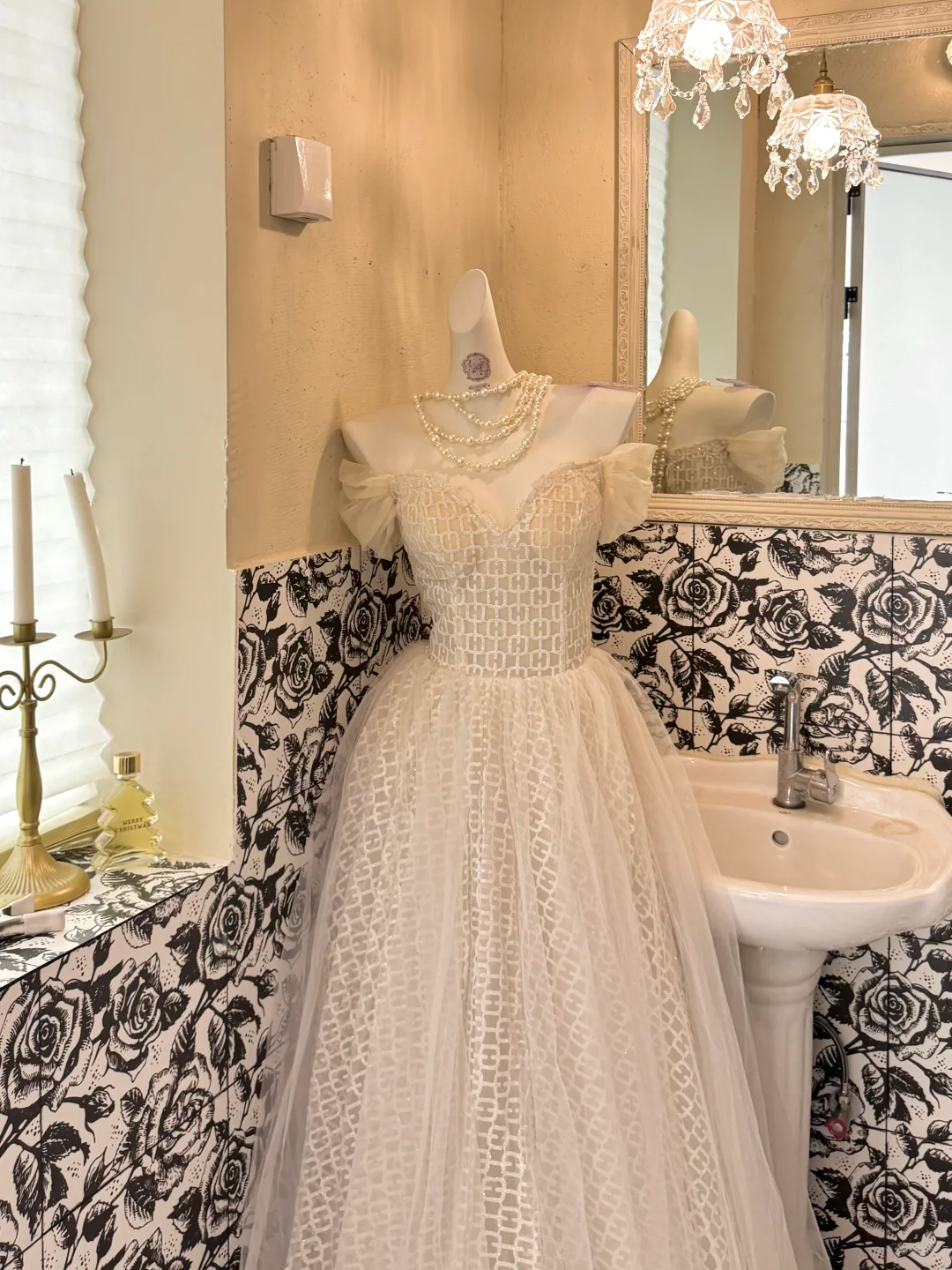 Ivory Off-the-Shoulder Check Pattern Designed Waist-Cinched A-Line Elegant Romantic Dress, Wedding Gown gh7723