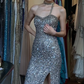 Silver Strapless Sweetheart Mermaid Evening Gown All Over Sparkle Sequin High Slit Long Prom Dress gh9714