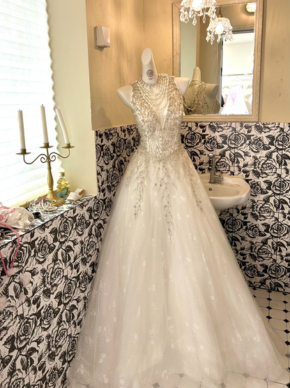 Ivory V-Neck Sexy Silver Beaded Waist-Cinched Luxury Voluminous Skirt Romantic Dress, Wedding Gown gh7618