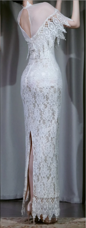 High Neck White Lace Evening Dress, Sheer Cape Fringe Lace Sleeve Bodycon Mermaid Vintage Formal Gown gh9892