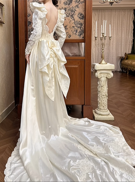 Ivory Vintage Satin Wedding Gown, V‑Neck 3D Bow Puff Shoulders, Lace Embroidered Long Sleeves, Lace Appliqués Fitted Waist, A‑Line Long Train With Scalloped Lace Hem, Prom Dress gh8665