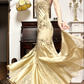 Champagne Gold Vintage Halter Prom Gown, V‑Neck, Floral Lace Embroidery Appliqués, Fitted Waist Mermaid Silhouette, Satin And Lace Mixed Long Skirt, Vintage Evening Prom Dress gh8754