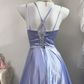 Women Vintage Lavender Satin Prom Dress, V-Neck With Double Spaghetti Straps, Cross Ruched Bodice, High Waist, Flowy Full A-Line Skirt, Elegant Floor Length Evening Gown For Photoshoot gh9274