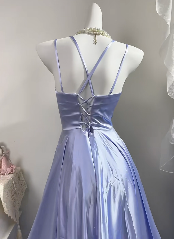 Women Vintage Lavender Satin Prom Dress, V-Neck With Double Spaghetti Straps, Cross Ruched Bodice, High Waist, Flowy Full A-Line Skirt, Elegant Floor Length Evening Gown For Photoshoot gh9274