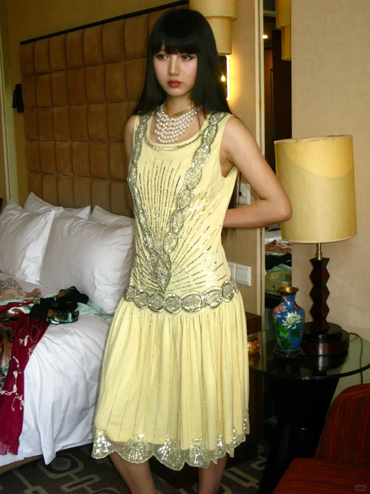Pale Yellow Vintage Sleeveless Sequin Luxury Prom & Evening Party Dress gh8375
